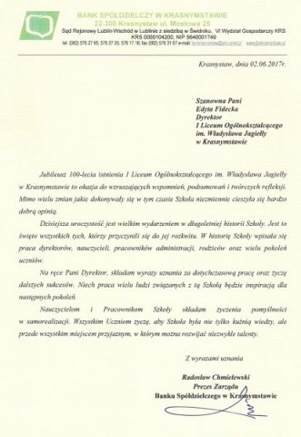 Obchody 100 – lecia istnienia I Liceum Ogólnokształcącego im. Władysława Jagiełły  w Krasnymstawie.